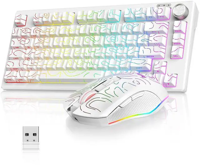 Main image of Wireless Keyboard and Mouse Combo,75% Membrane Side-Engraved Keyboard,Optical Gaming Mouse with 4800DPI,3 Modes(BT/2.4G/Wired),Dual System,RGB Backlit,Rechargeable Battery,Contour White