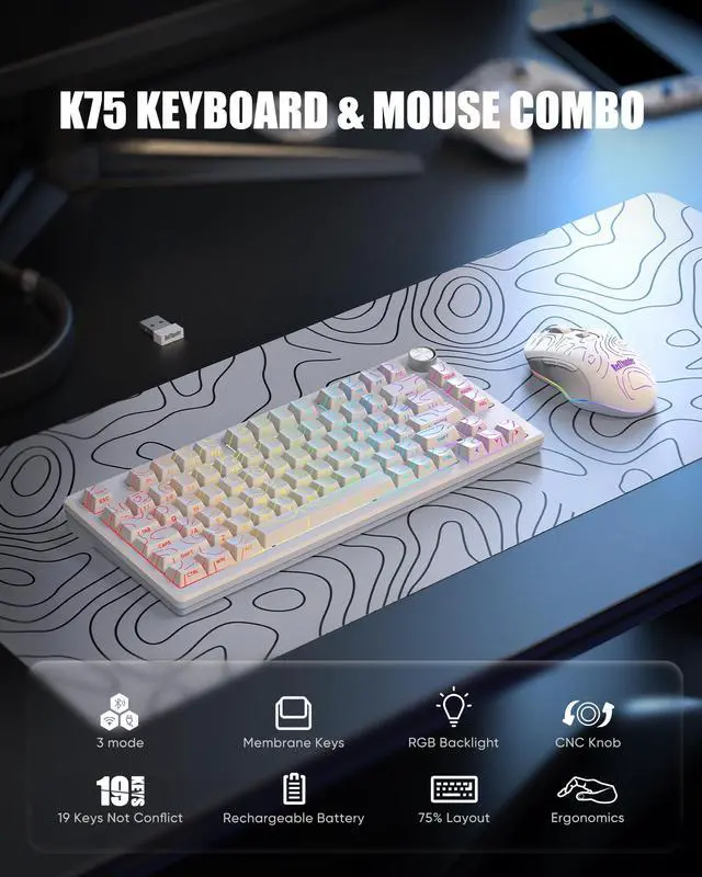 Alt view image 2 of 7 - Wireless Keyboard and Mouse Combo,75% Membrane Side-Engraved Keyboard,Optical Gaming Mouse with 4800DPI,3 Modes(BT/2.4G/Wired),Dual System,RGB Backlit,Rechargeable Battery,Contour White