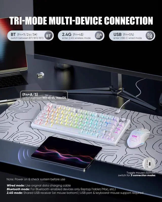 Alt view image 3 of 7 - Wireless Keyboard and Mouse Combo,75% Membrane Side-Engraved Keyboard,Optical Gaming Mouse with 4800DPI,3 Modes(BT/2.4G/Wired),Dual System,RGB Backlit,Rechargeable Battery,Contour White