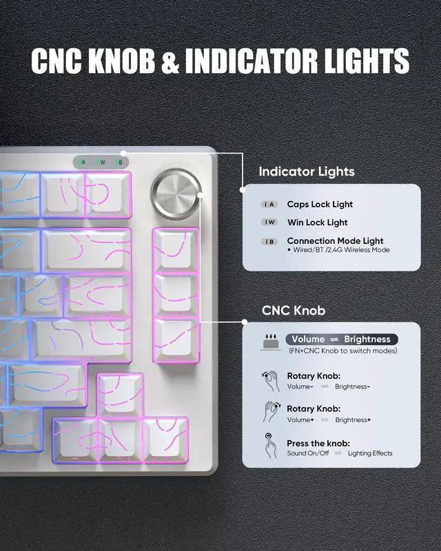 Alt view image 4 of 7 - Wireless Keyboard and Mouse Combo,75% Membrane Side-Engraved Keyboard,Optical Gaming Mouse with 4800DPI,3 Modes(BT/2.4G/Wired),Dual System,RGB Backlit,Rechargeable Battery,Contour White