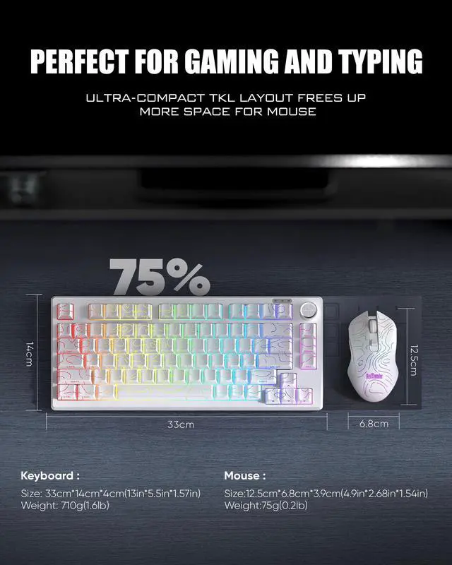 Alt view image 5 of 7 - Wireless Keyboard and Mouse Combo,75% Membrane Side-Engraved Keyboard,Optical Gaming Mouse with 4800DPI,3 Modes(BT/2.4G/Wired),Dual System,RGB Backlit,Rechargeable Battery,Contour White