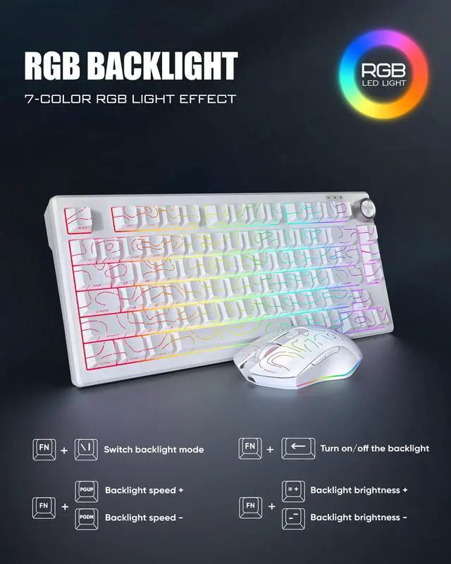 Alt view image 6 of 7 - Wireless Keyboard and Mouse Combo,75% Membrane Side-Engraved Keyboard,Optical Gaming Mouse with 4800DPI,3 Modes(BT/2.4G/Wired),Dual System,RGB Backlit,Rechargeable Battery,Contour White