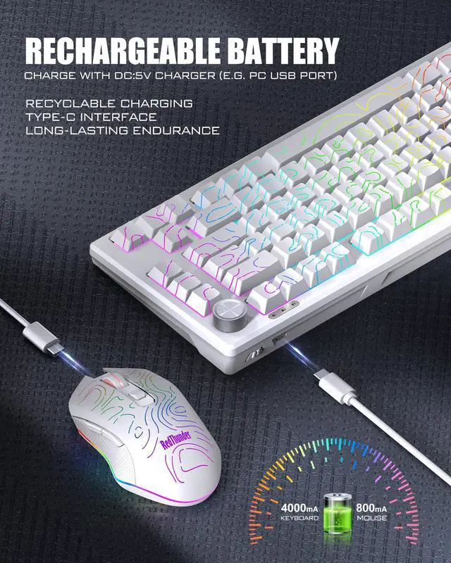 Alt view image 7 of 7 - Wireless Keyboard and Mouse Combo,75% Membrane Side-Engraved Keyboard,Optical Gaming Mouse with 4800DPI,3 Modes(BT/2.4G/Wired),Dual System,RGB Backlit,Rechargeable Battery,Contour White