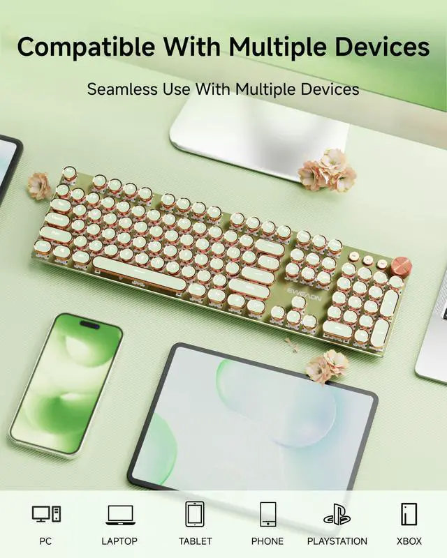 Alt view image 3 of 7 - Typewriter Keyboard Wireless, 104 Keys Typewriter Style Mechanical with White Backlit, Media Knob, Pink Switch 2.4G/Bluetooth/USB-A Wired Retro Full Size Keyboard for Windows/Mac/PC-Green