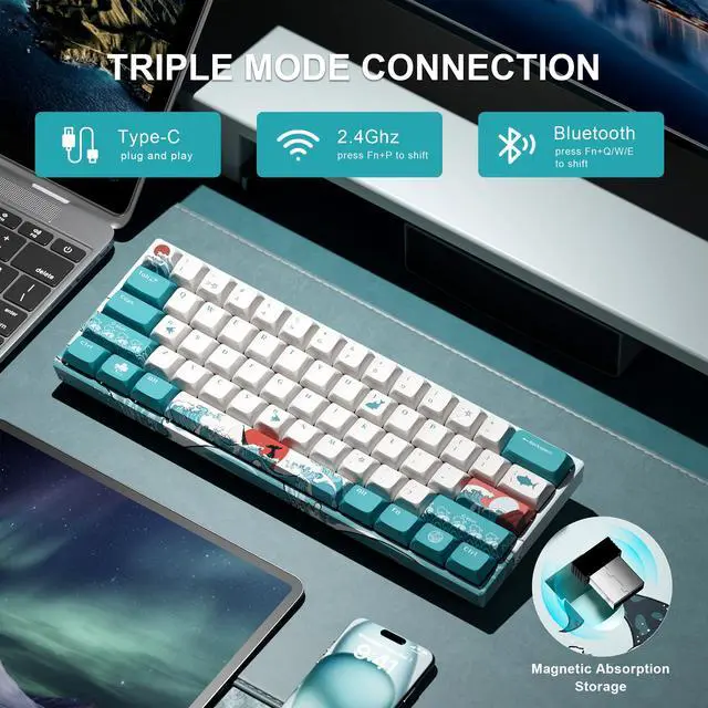 Alt view image 2 of 7 - Percent Keyboard, XVX M61 Pro 3-Modes Wireless Mechanical Keyboard, Hot-Swappable Custom Gaming Key Board, RGB Backlit, for Windows Mac PC Gamers(Coral Sea Theme, Pre-lubed Linear Switch)