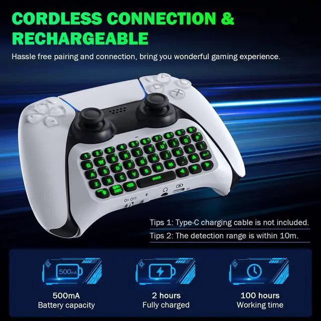 Alt view image 4 of 7 - Keyboard for PS5 Controller with Green Backlight