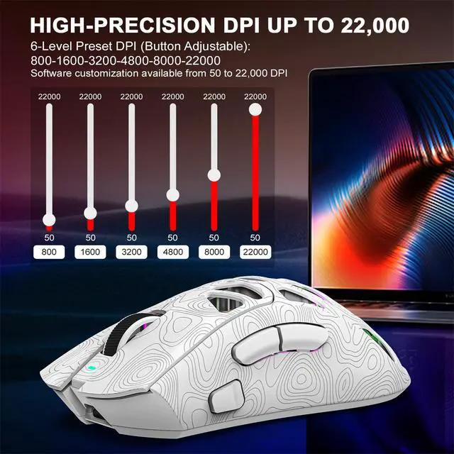 Alt view image 4 of 7 - Wireless Gaming Mouse for Gaming Setup & Multi-Device Use, Tri-Mode Bluetooth 5.1/2.4GHz/USB-C, 22000 DPI Lightweight Programmable Mouse for PC, Laptop & Mac