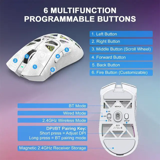 Alt view image 5 of 7 - Wireless Gaming Mouse for Gaming Setup & Multi-Device Use, Tri-Mode Bluetooth 5.1/2.4GHz/USB-C, 22000 DPI Lightweight Programmable Mouse for PC, Laptop & Mac