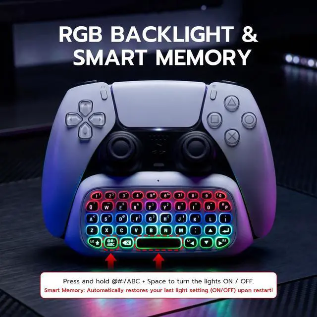 Alt view image 2 of 7 - Wireless Mini Keyboard for PS5 DualSense & Edge Controller, Bluetooth Chatpad with Dynamic RGB Backlight, Built-in Speaker & 3.5mm Audio Jack, Rechargeable Message Keypad for PlayStation 5