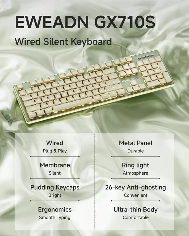 Alt view image 2 of 7 - Backlit Computer Keyboards, Wired USB Keyboard with Warm Backlit, Metal Panel, Plug and Play, Pudding Keycaps Full Size Quiet Computer Keyboard for Win/PC/Laptop-Green