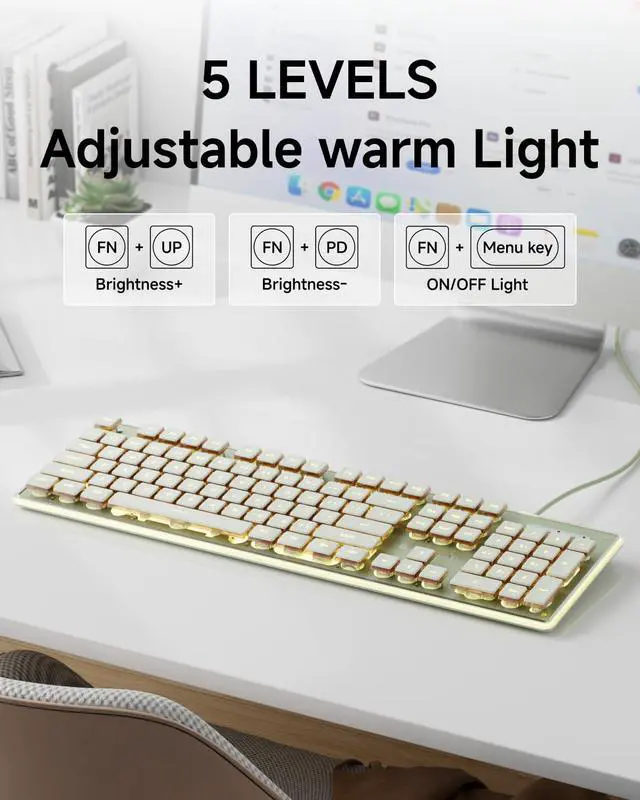 Alt view image 5 of 7 - Backlit Computer Keyboards, Wired USB Keyboard with Warm Backlit, Metal Panel, Plug and Play, Pudding Keycaps Full Size Quiet Computer Keyboard for Win/PC/Laptop-Green