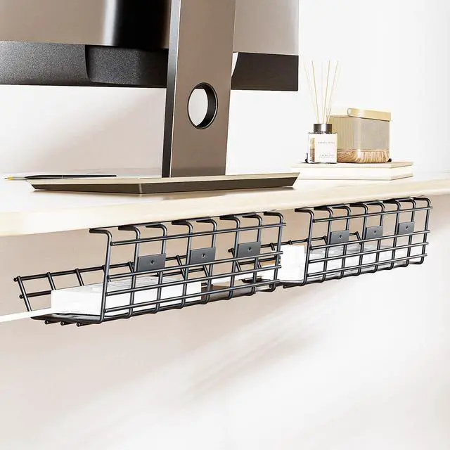 Main image of Under Desk Cable Management Tray, Large Metal Cord Organizer, Office & Home Cord Wire Management Under Desk Shelf, Easy Install Pre-drilled Cable Organizer, Black
