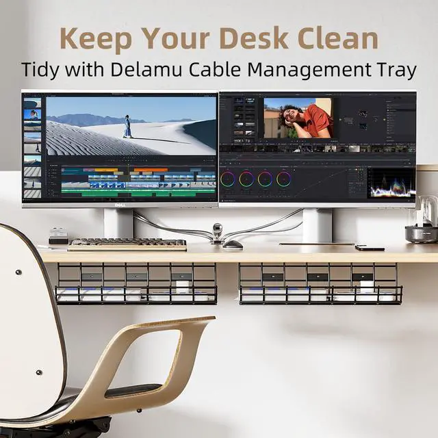 Alt view image 2 of 7 - Under Desk Cable Management Tray, Large Metal Cord Organizer, Office & Home Cord Wire Management Under Desk Shelf, Easy Install Pre-drilled Cable Organizer, Black