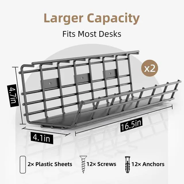 Alt view image 3 of 7 - Under Desk Cable Management Tray, Large Metal Cord Organizer, Office & Home Cord Wire Management Under Desk Shelf, Easy Install Pre-drilled Cable Organizer, Black