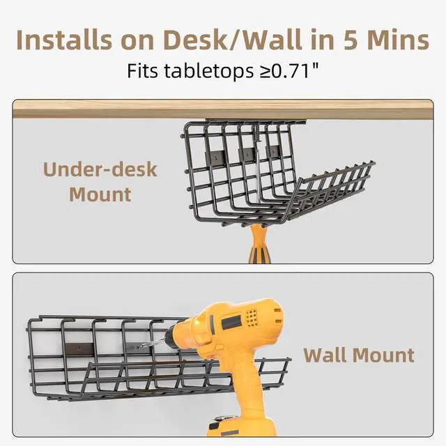 Alt view image 4 of 7 - Under Desk Cable Management Tray, Large Metal Cord Organizer, Office & Home Cord Wire Management Under Desk Shelf, Easy Install Pre-drilled Cable Organizer, Black