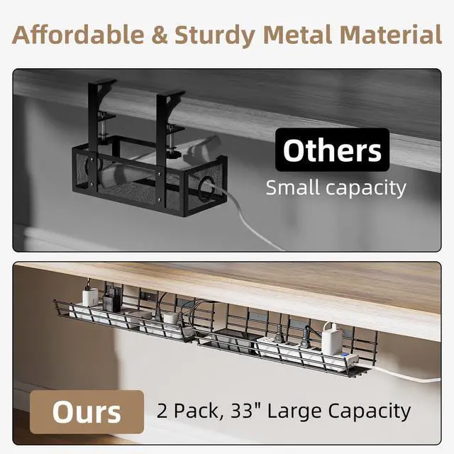 Alt view image 6 of 7 - Under Desk Cable Management Tray, Large Metal Cord Organizer, Office & Home Cord Wire Management Under Desk Shelf, Easy Install Pre-drilled Cable Organizer, Black