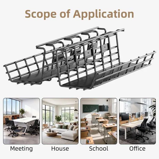 Alt view image 7 of 7 - Under Desk Cable Management Tray, Large Metal Cord Organizer, Office & Home Cord Wire Management Under Desk Shelf, Easy Install Pre-drilled Cable Organizer, Black