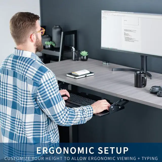 Alt view image 2 of 7 - Large Under Desk 27 x 11 inch Computer Keyboard and Mouse Tray with Swinging Height Adjustment, 12 Settings, Platform Drawer for Typing, Black, MOUNT-KB08S