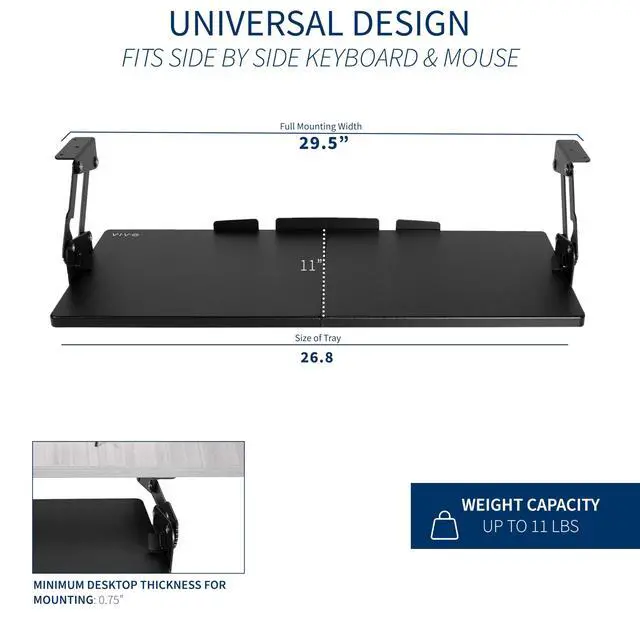 Alt view image 6 of 7 - Large Under Desk 27 x 11 inch Computer Keyboard and Mouse Tray with Swinging Height Adjustment, 12 Settings, Platform Drawer for Typing, Black, MOUNT-KB08S