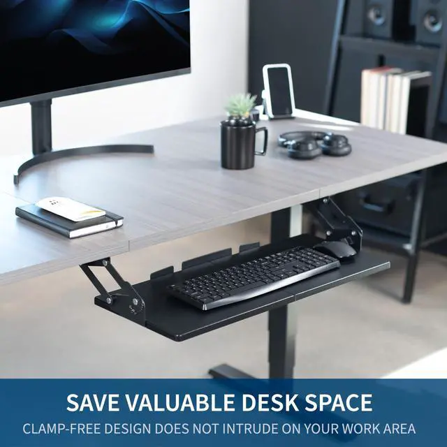 Alt view image 7 of 7 - Large Under Desk 27 x 11 inch Computer Keyboard and Mouse Tray with Swinging Height Adjustment, 12 Settings, Platform Drawer for Typing, Black, MOUNT-KB08S