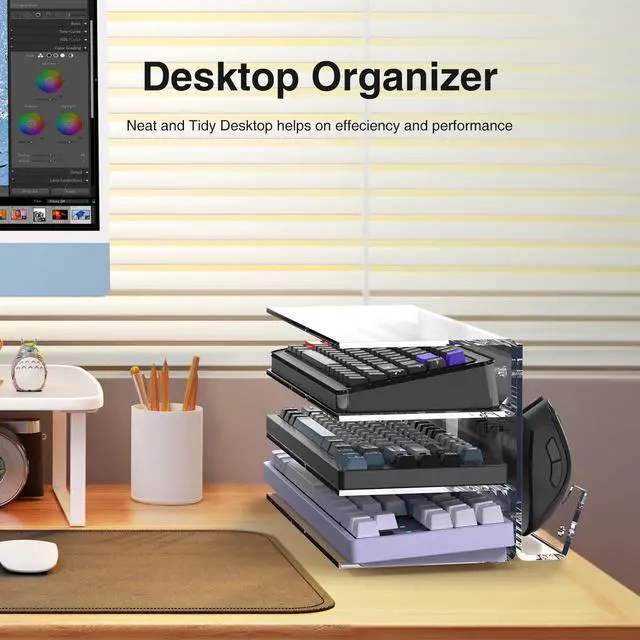 Alt view image 7 of 7 - Keyboard Stand for Desktop 3 Layer Acrylic Stand Gaming Keyboard and Mouse Storage Thicken Dustproof Storage Holder Holds up 4 Keyboards,3 Mice,folder etc for Office,Home,School,Kitchen(Transparent)