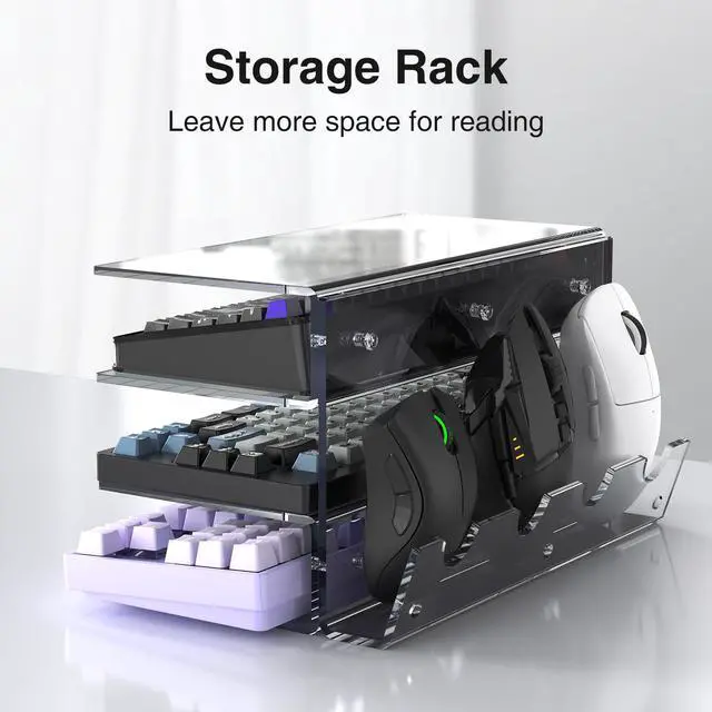 Alt view image 6 of 7 - Keyboard Stand for Desktop 3 Layer Acrylic Stand Gaming Keyboard and Mouse Storage Thicken Dustproof Storage Holder Holds up 4 Keyboards,3 Mice,folder etc for Office,Home,School,Kitchen(Transparent)