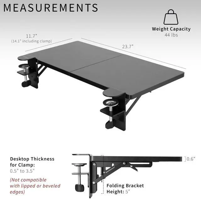 Alt view image 5 of 7 - Clamp-on 24 x 12 inch (14 Including Clamps) Desk Extender, Wrist Support, Foldable Keyboard Tray, Table Mount for Sit Stand Desks, Black, DESK-EXT24.