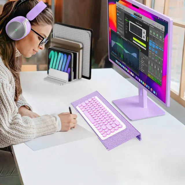 Alt view image 5 of 7 - Ergonomic Computer Keyboard Stand - 17 Inch Glitter Purple Acrylic Keyboard Riser for Desk Tilted Keyboard Holder Tray with Non-Slip Strip for Home Office Easy Typing & Working