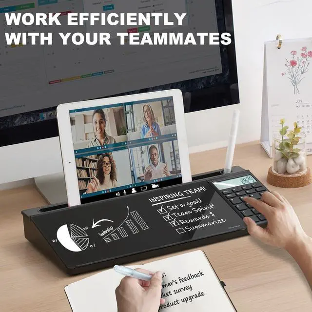 Alt view image 2 of 6 - Small Glass Desktop Whiteboard Dry-Erase-Board - Computer Keyboard Stand with Calculator White Board Surface Pad with Drawer, Desk Organizers with Accessories for Office, Home, School Supplies - Black