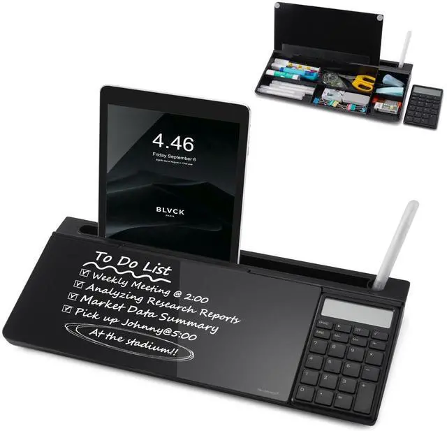 Main image of Small Glass Desktop Whiteboard Dry-Erase-Board - Computer Keyboard Stand with Calculator White Board Surface Pad with Drawer, Desk Organizers with Accessories for Office, Home, School Supplies - Black