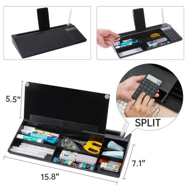Alt view image 4 of 6 - Small Glass Desktop Whiteboard Dry-Erase-Board - Computer Keyboard Stand with Calculator White Board Surface Pad with Drawer, Desk Organizers with Accessories for Office, Home, School Supplies - Black