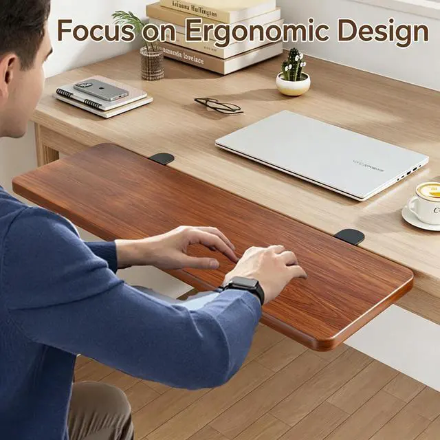 Alt view image 3 of 7 - Desk Extender Tray, 24 * 10 Inch Ergonomic Clamp On Desk Extender, Mouse & Keyboard Extender for Desk, No Drill Keyboard Tray Under Desk for Home Office Workspace (Walnut, 24 * 10 Inch)
