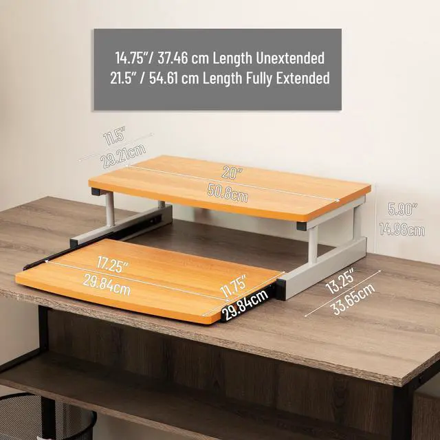 Alt view image 3 of 6 - Monitor Stand, Sliding Keyboard Drawer, Laptop, Riser, Office, Wood/Metal, 20"L x 14.75"W x 5.9"H, Brown, Silver