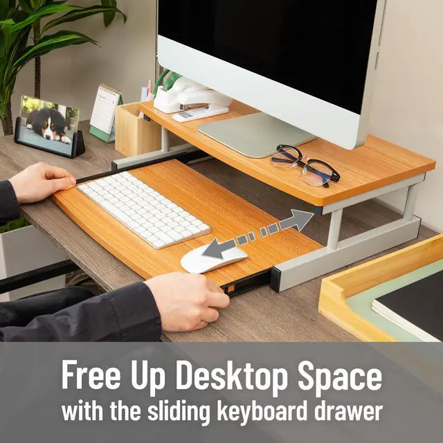Alt view image 4 of 6 - Monitor Stand, Sliding Keyboard Drawer, Laptop, Riser, Office, Wood/Metal, 20"L x 14.75"W x 5.9"H, Brown, Silver