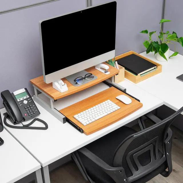 Alt view image 6 of 6 - Monitor Stand, Sliding Keyboard Drawer, Laptop, Riser, Office, Wood/Metal, 20"L x 14.75"W x 5.9"H, Brown, Silver