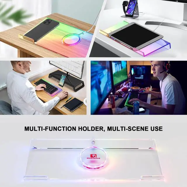 Alt view image 3 of 7 - Acrylic Computer Keyboard Holder, 366 Kinds RGB Compact Tray, Gaming USB Interface Titled Stand, Ergonomic Typing Clear Riser for Office Desk, PC