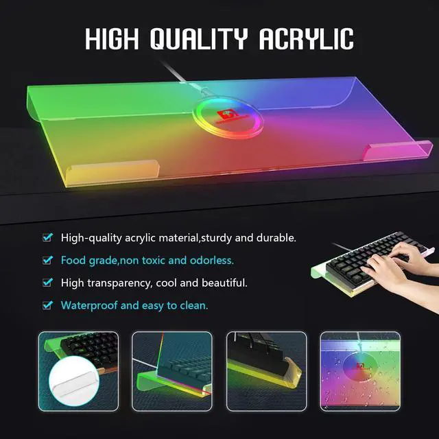 Alt view image 4 of 7 - Acrylic Computer Keyboard Holder, 366 Kinds RGB Compact Tray, Gaming USB Interface Titled Stand, Ergonomic Typing Clear Riser for Office Desk, PC