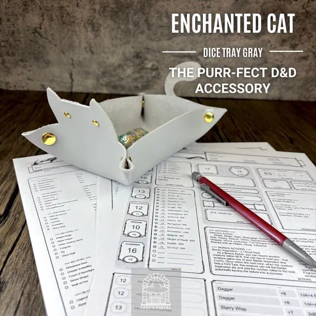 Alt view image 4 of 7 - Enchanted Cat Dice Tray Foldable PU Leather Dice Rolling Tray with Snap Corners for DND, Pathfinder, MTG and Tabletop RPGs, Cat-Lover D&D Gift (Gray)