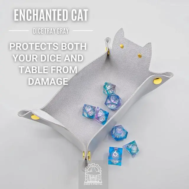 Alt view image 6 of 7 - Enchanted Cat Dice Tray Foldable PU Leather Dice Rolling Tray with Snap Corners for DND, Pathfinder, MTG and Tabletop RPGs, Cat-Lover D&D Gift (Gray)