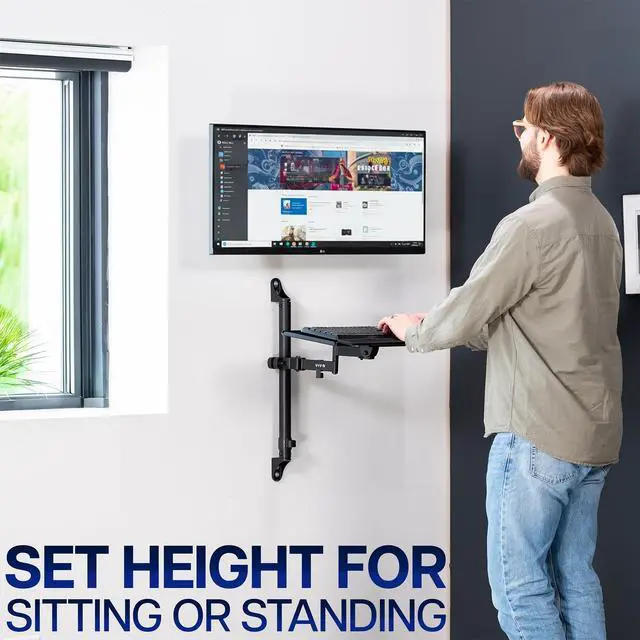 Alt view image 4 of 7 - Inch Keyboard and Mouse Tray Wall Mount with Wrist Pad, Tilt and Rotation, Standing Workstation Accessory for Ergonomic Typing, Black, Mount-WALLKB