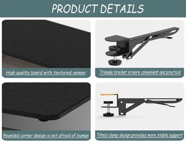 Alt view image 5 of 7 - Desktop Extender, 20 "x 9" Clip on Foldable Keyboard Tray, Small Table Edge Extender Tray, Floating Table Hanging Computer Desk, Suitable for Desktop Extension of Sitting Upright Office Desk (Black)