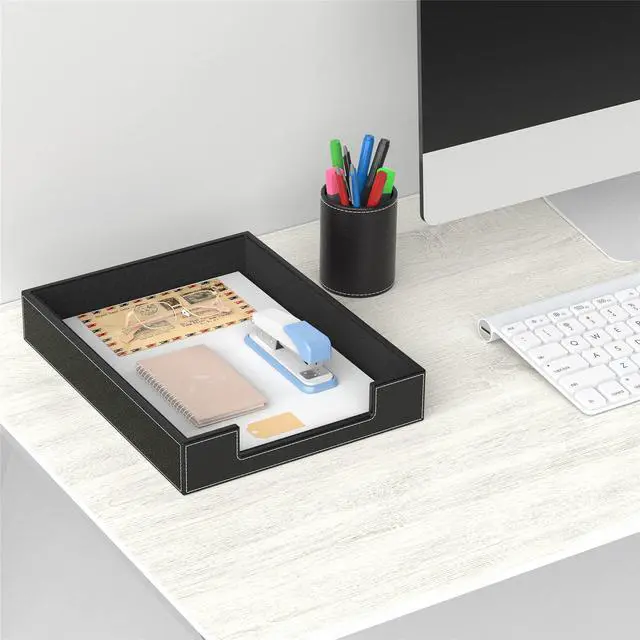 Alt view image 5 of 5 - Leather Letter Tray, THIPOTEN Elegant Desk Organizer for Office Supplies, Mail, Paper, File, Magazine, Perfect Office Organization for Desktop(Black)