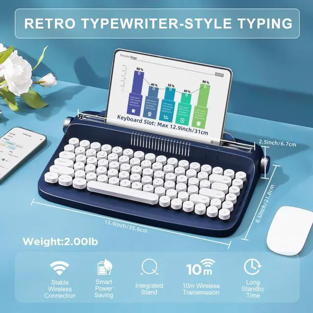 Alt view image 2 of 7 - Wireless Retro Typewriter Bluetooth Keyboard (Midnight)