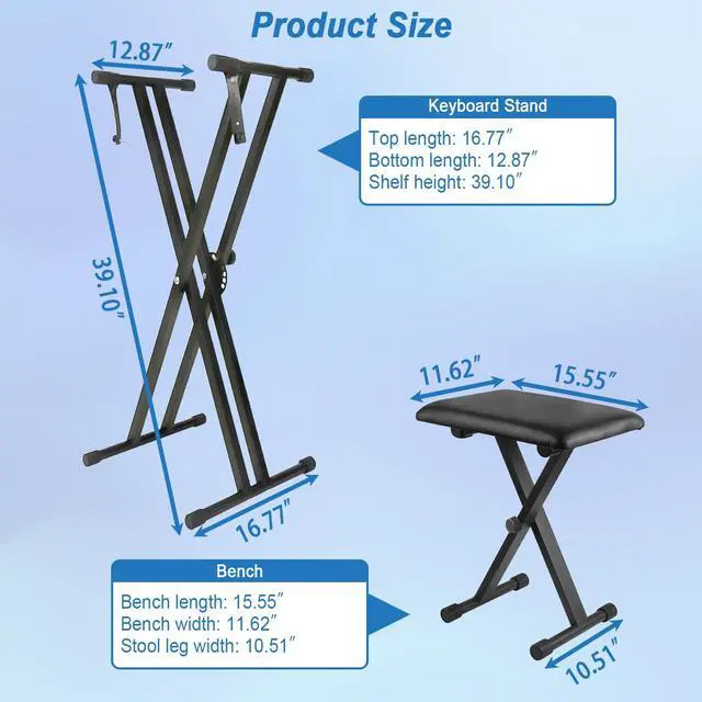 Alt view image 2 of 7 - Keyboard Stand Piano Bench Set, 2026 Upgrade Heavy Duty Double X Keyboard Stand Piano Stand, Adjustable&Portable Digital Piano Stand with Locking Straps