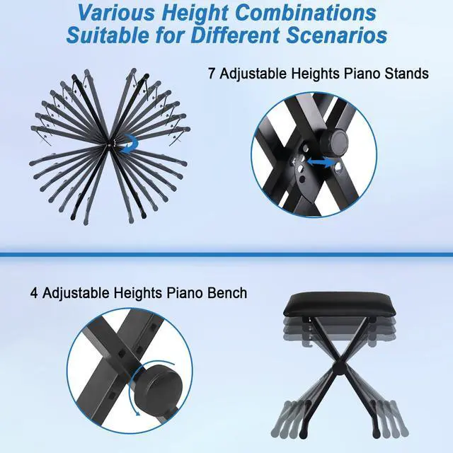 Alt view image 4 of 7 - Keyboard Stand Piano Bench Set, 2026 Upgrade Heavy Duty Double X Keyboard Stand Piano Stand, Adjustable&Portable Digital Piano Stand with Locking Straps