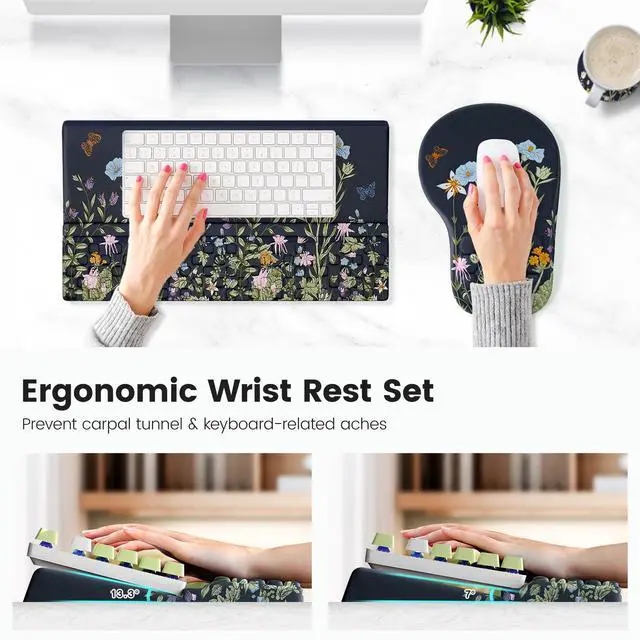 Alt view image 2 of 6 - Ergonomic Mouse Pad and Keyboard Stand Wrist Rest Set, Memory Foam Comfort, Pain Relief for Typing, Office Desk Accessories, Moonlit Blossoms