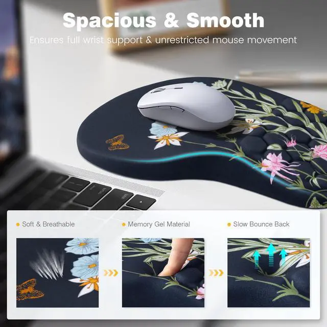 Alt view image 3 of 6 - Ergonomic Mouse Pad and Keyboard Stand Wrist Rest Set, Memory Foam Comfort, Pain Relief for Typing, Office Desk Accessories, Moonlit Blossoms