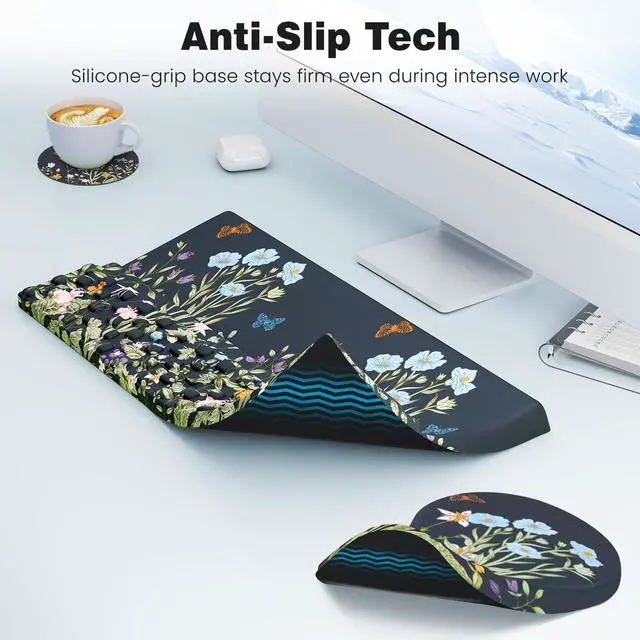 Alt view image 5 of 6 - Ergonomic Mouse Pad and Keyboard Stand Wrist Rest Set, Memory Foam Comfort, Pain Relief for Typing, Office Desk Accessories, Moonlit Blossoms