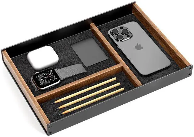 Main image of Walnut & Aluminum Valet Tray, Desk Drawer Organizer Tray for Desk