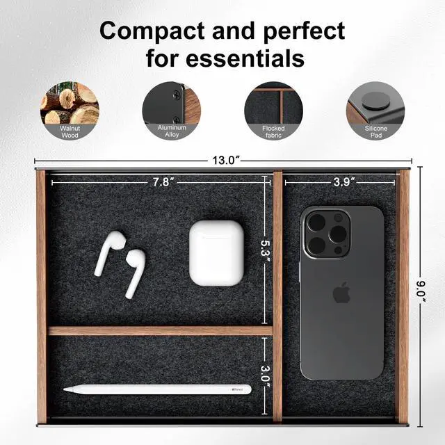 Alt view image 6 of 7 - Walnut & Aluminum Valet Tray, Desk Drawer Organizer Tray for Desk